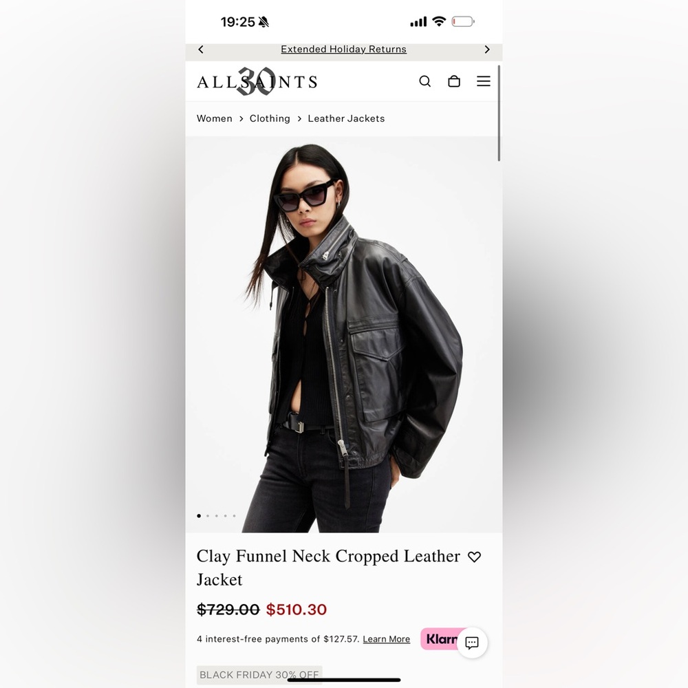 Nwot AllSaints Clay Funnel Neck Cropped Leather Jacket